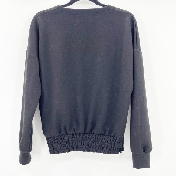 Cynthia Rowley Black Sweatshirt Smocked Ruffle Bottom Crewneck Pullover Top - Picture 2 of 4